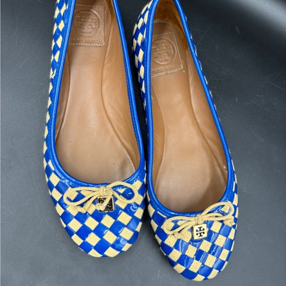 Tori Burch size  8 blue and tan checker woven leather ballet flats - Picture 3 of 7